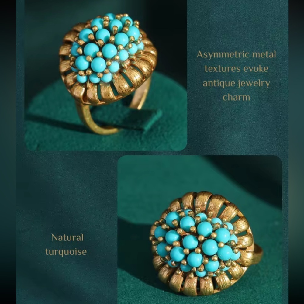 Golden Age Victorian Turquoise Treasure Antique Brass Masterpiece Ring - Picture 9 of 14